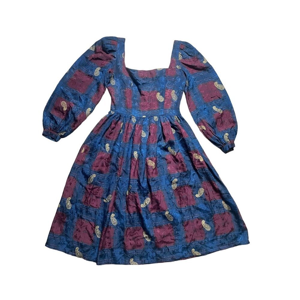 Vintage 80s Umi Collections Navy Maroon Paisley Square Neck Puffy Sleeve Dress